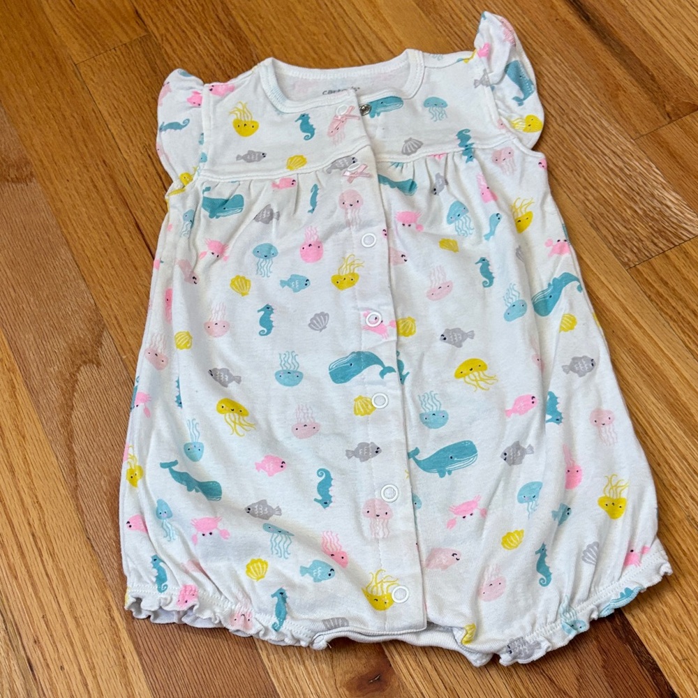 Carter's White Romper with Pink, Blue & Yellow Ocean Prints